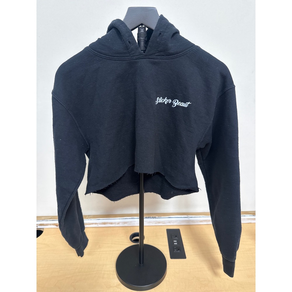 Slicker Beaut Black Cropped Hoodie Sunset Graphic Gildan DryBlend Small